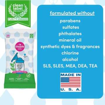 Breast Pump Wipes by Dapple Baby, Hypoallergenic & Powered by Plants, Removes Milk Residue, Leaves No Taste, Convenient Wipes Pouch, Fragrance Free, 25 Count (Pack of 3)