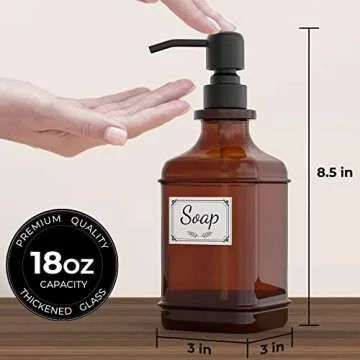 GLADPURE Soap Dispenser 2 Pack, Hand Soap Dispensers with 18 Oz Antique Design Thick Amber Glass Bottle, 316 Rust Proof Stainless Steel Black Pump, 6Pcs Stickers, for Lotion, Soap, Essential Oil