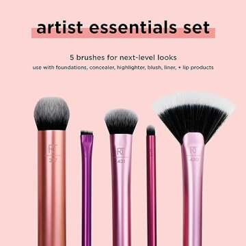 Real Techniques Artist Essentials Makeup Brush Set, For Foundation, Blush, Highlighter, Eyeshadow, & Liner, Professional Makeup Tools, Synthetic Bristles, Vegan & Cruelty-Free, 5 Piece Set