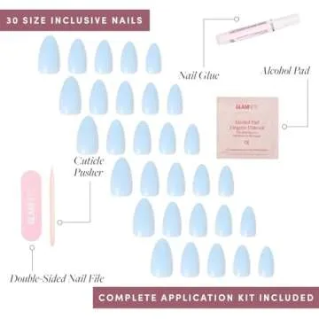 Glamnetic Press On Nails - Blueberry Milk | Solid Opaque Light Blue Short Almond Nails, Reusable | 15 Sizes - 30 Nail Kit