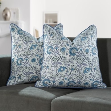 CPC 100% Cotton Throw Pillow Covers 20x20 Inch, Set of 2 Blue Block Print Pattern Couch Pillow, Cute...