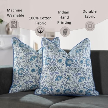 Elegant Blue Block Print Cotton Pillow Covers Set of 2