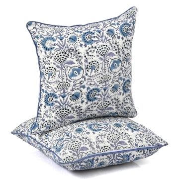 Elegant Blue Block Print Cotton Pillow Covers Set of 2
