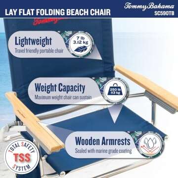Tommy Bahama 5-Position Lay Flat Cup Holder and Towel Bar Beach Chair, 1-Pack, Logo Stripe