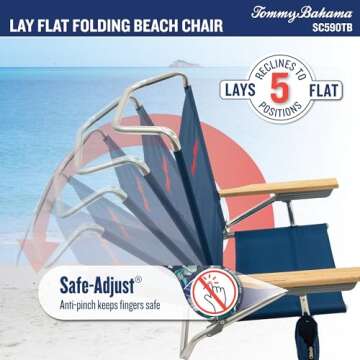 Tommy Bahama 5-Position Lay Flat Cup Holder and Towel Bar Beach Chair, 1-Pack, Logo Stripe