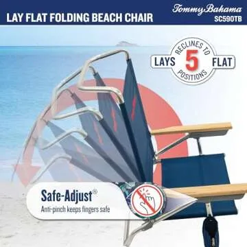 Tommy Bahama 5-Position Lay Flat Cup Holder and Towel Bar Beach Chair, 1-Pack, Logo Stripe