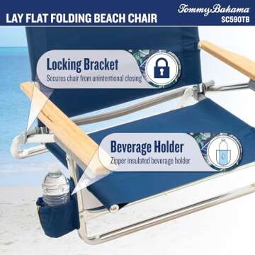 Tommy Bahama 5-Position Lay Flat Cup Holder and Towel Bar Beach Chair, 1-Pack, Logo Stripe