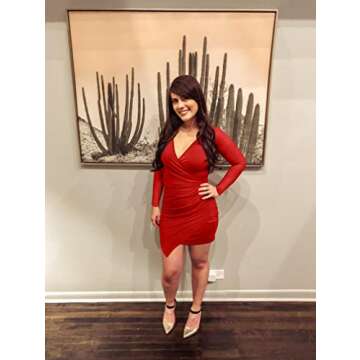 ZileZile Women's Sexy Bodycon Long Sleeve Ruched Deep V Neck Wrap Club Mini Dress Red