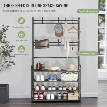 Klrbiqy 4 Tier Shoe Rack Coat Rack Combo,Shoe Rack and Coat Rack,Shoe Coat Rack Freestanding,Shoe Co...