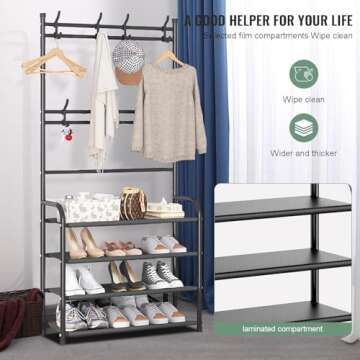 Klrbiqy 4 Tier Shoe Rack Coat Rack Combo,Shoe Rack and Coat Rack,Shoe Coat Rack Freestanding,Shoe Coat Rack for Entryway,Bedroom,Living Room,Hallway,Office,31.5 in ﻿