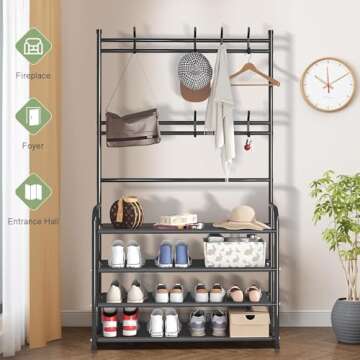 Klrbiqy 4 Tier Shoe Rack Coat Rack Combo,Shoe Rack and Coat Rack,Shoe Coat Rack Freestanding,Shoe Coat Rack for Entryway,Bedroom,Living Room,Hallway,Office,31.5 in ﻿