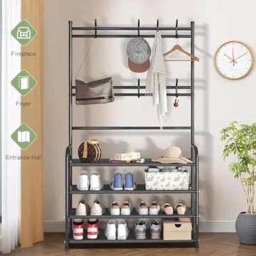 Klrbiqy 4 Tier Shoe Rack Coat Rack Combo,Shoe Rack and Coat Rack,Shoe Coat Rack Freestanding,Shoe Coat Rack for Entryway,Bedroom,Living Room,Hallway,Office,31.5 in ﻿