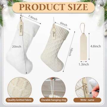 Croknit Neutral Christmas Stockings, 20'' White Farmhouse Plush Faux Fur & 18'' Cable Knitted Firepl...
