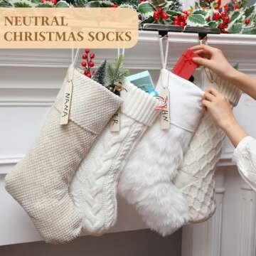 Croknit Neutral Christmas Stockings, 20'' White Farmhouse Plush Faux Fur & 18'' Cable Knitted Fireplace Xmas Stockings with Name Tags Rustic Boho Stocking for Family Holiday Decor(4 Pcs,Vintage Style)