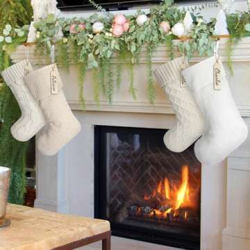 Croknit Neutral Christmas Stockings, 20'' White Farmhouse Plush Faux Fur & 18'' Cable Knitted Fireplace Xmas Stockings with Name Tags Rustic Boho Stocking for Family Holiday Decor(4 Pcs,Vintage Style)