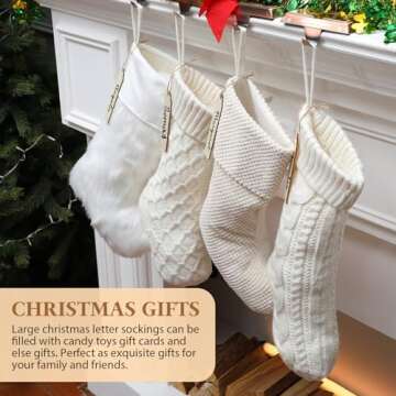 Croknit Neutral Christmas Stockings, 20'' White Farmhouse Plush Faux Fur & 18'' Cable Knitted Fireplace Xmas Stockings with Name Tags Rustic Boho Stocking for Family Holiday Decor(4 Pcs,Vintage Style)