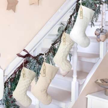 Croknit Neutral Christmas Stockings, 20'' White Farmhouse Plush Faux Fur & 18'' Cable Knitted Fireplace Xmas Stockings with Name Tags Rustic Boho Stocking for Family Holiday Decor(4 Pcs,Vintage Style)