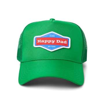 Happy Dad Trucker Hat, Green, Trendy Mens Hats with Breathable Mesh Back, Adjustable Snap Closure, B...