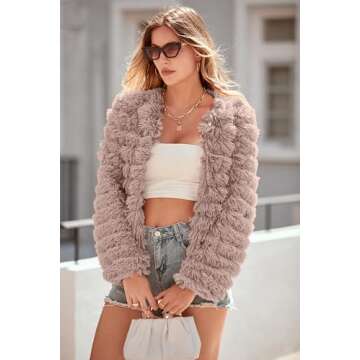 PRETTYGARDEN Womens Winter Coats Fashion Faux Fur Long Sleeve Fleece Shaggy Lightweight Fall Cropped Jacket Outerwear (Light Khaki,Small)