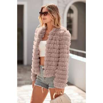 PRETTYGARDEN Womens Winter Coats Fashion Faux Fur Long Sleeve Fleece Shaggy Lightweight Fall Cropped Jacket Outerwear (Light Khaki,Small)