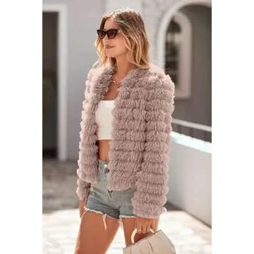 PRETTYGARDEN Womens Winter Coats Fashion Faux Fur Long Sleeve Fleece Shaggy Lightweight Fall Cropped Jacket Outerwear (Light Khaki,Small)