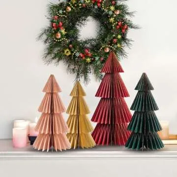 SUNBEAUTY 4 PCS Paper Christmas Tree Honeycomb Christmas Tree 3D Christmas Honeycomb Table Centerpiece Christmas Party Decorations Paper Trees for Home Xmas Holiday Party Decorations