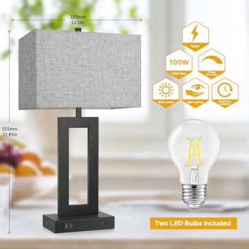 Set of 2 Modern Touch Control Table Lamps with 2 USB Ports, 22’’ Large Bedside Nightstand Lamps ...