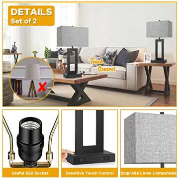 Set of 2 Modern Touch Control Table Lamps with 2 USB Ports, 22’’ Large Bedside Nightstand Lamps 3-Way Dimmable Desk Lamp With Grey Fabric Shade For Bedrooms Living Room Reading, 2 LED Bulbs Included