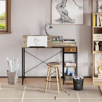 X-cosrack Drafting Table with Storage Shelves & Drawer, 43" Adjustable Art Desk with Monitor Stand f...