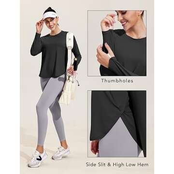 PINSPARK Long Sleeve Shirts for Women UPF 50+ Hiking Athletic Tops Crewneck Side Slit Running Shirts UV Protection Workout Shirts Loose Fit,Black S