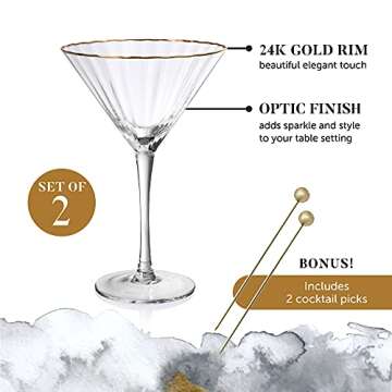Hand Blown Martini Glasses – 24K Gold Rim - Set of 2 Cocktail Glasses and Gold-Plated Olive Picks ...