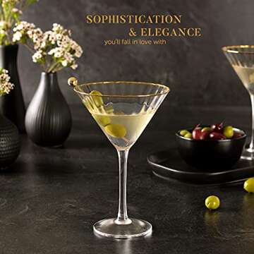 Hand Blown Martini Glasses – 24K Gold Rim - Set of 2 Cocktail Glasses and Gold-Plated Olive Picks – Lead-Free Crystal Bar Cart Accessories for Entertaining and Gifting by Lumi & Numi, 10 Oz.
