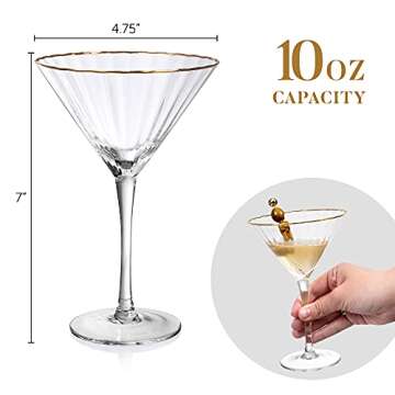 Hand Blown Martini Glasses – 24K Gold Rim - Set of 2 Cocktail Glasses and Gold-Plated Olive Picks – Lead-Free Crystal Bar Cart Accessories for Entertaining and Gifting by Lumi & Numi, 10 Oz.