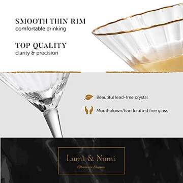 Hand Blown Martini Glasses – 24K Gold Rim - Set of 2 Cocktail Glasses and Gold-Plated Olive Picks – Lead-Free Crystal Bar Cart Accessories for Entertaining and Gifting by Lumi & Numi, 10 Oz.