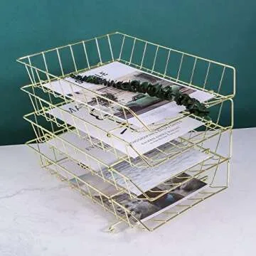 Z PLINRISE Stackable Letter Tray, 4-Tier Desk File Organizer for Mails, Magazines, Documents and Accessories, Wire Paper Tray for Home, School and Office, Gold
