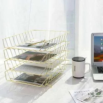 Z PLINRISE Stackable Letter Tray, 4-Tier Desk File Organizer for Mails, Magazines, Documents and Accessories, Wire Paper Tray for Home, School and Office, Gold