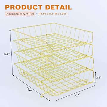Z PLINRISE Stackable Letter Tray, 4-Tier Desk File Organizer for Mails, Magazines, Documents and Accessories, Wire Paper Tray for Home, School and Office, Gold