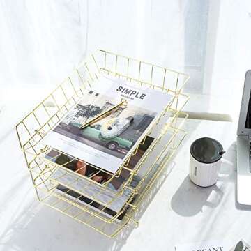 Z PLINRISE Stackable Letter Tray, 4-Tier Desk File Organizer for Mails, Magazines, Documents and Accessories, Wire Paper Tray for Home, School and Office, Gold