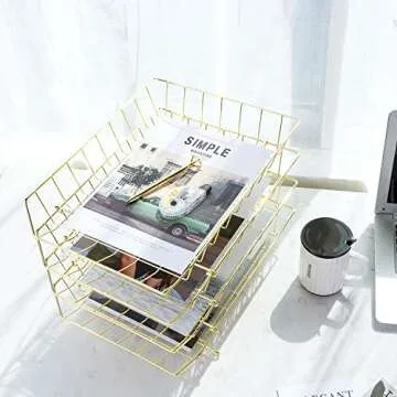 Z PLINRISE Stackable Letter Tray, 4-Tier Desk File Organizer for Mails, Magazines, Documents and Accessories, Wire Paper Tray for Home, School and Office, Gold