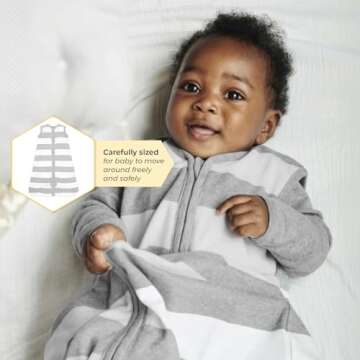 Burt's Bees Baby Baby Beekeeper Wearable Blanket, 100% Organic Cotton, Swaddle Transition Sleeping Bag, Light Grey Stripe, Small