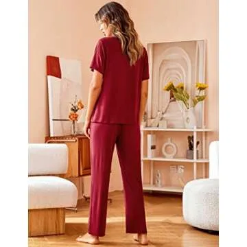 Avidlove Women Pajamas Set Notch Collar Soft Sleepwear Pjs Short Sleeve Button Down Nightwear with Long Pants Wine Red