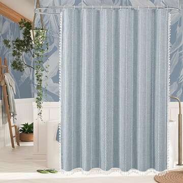 MitoVilla Blue Boho Fabric Shower Curtain, Modern Farmhouse Cotton Linen Shower Curtains for Vintage...