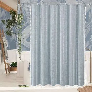 MitoVilla Blue Boho Fabric Shower Curtain, Modern Farmhouse Cotton Linen Shower Curtains for Vintage...