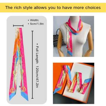 SansHeBe 2 Pack Silk Purse Scarf For Handbags Head Hair Ribbon Fashion Skinny Scarf For Women 47in Long Neckerchief