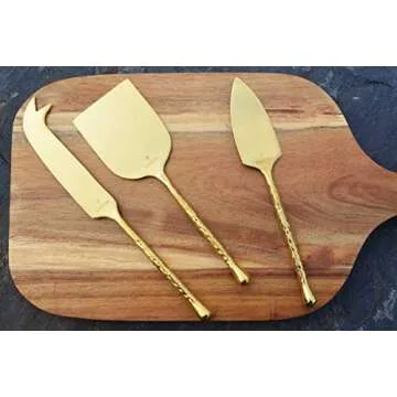 LINZOM Cheese Knife Set, 18/10 Stainless Steel, Hand Forged, Gold, Teardrop Edge, Set of 3