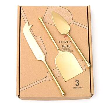 LINZOM Cheese Knife Set, 18/10 Stainless Steel, Hand Forged, Gold, Teardrop Edge, Set of 3