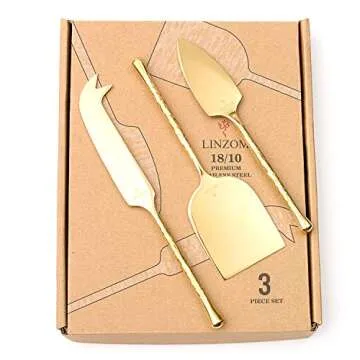 LINZOM Cheese Knife Set, 18/10 Stainless Steel, Hand Forged, Gold, Teardrop Edge, Set of 3