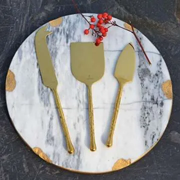 LINZOM Cheese Knife Set, 18/10 Stainless Steel, Hand Forged, Gold, Teardrop Edge, Set of 3