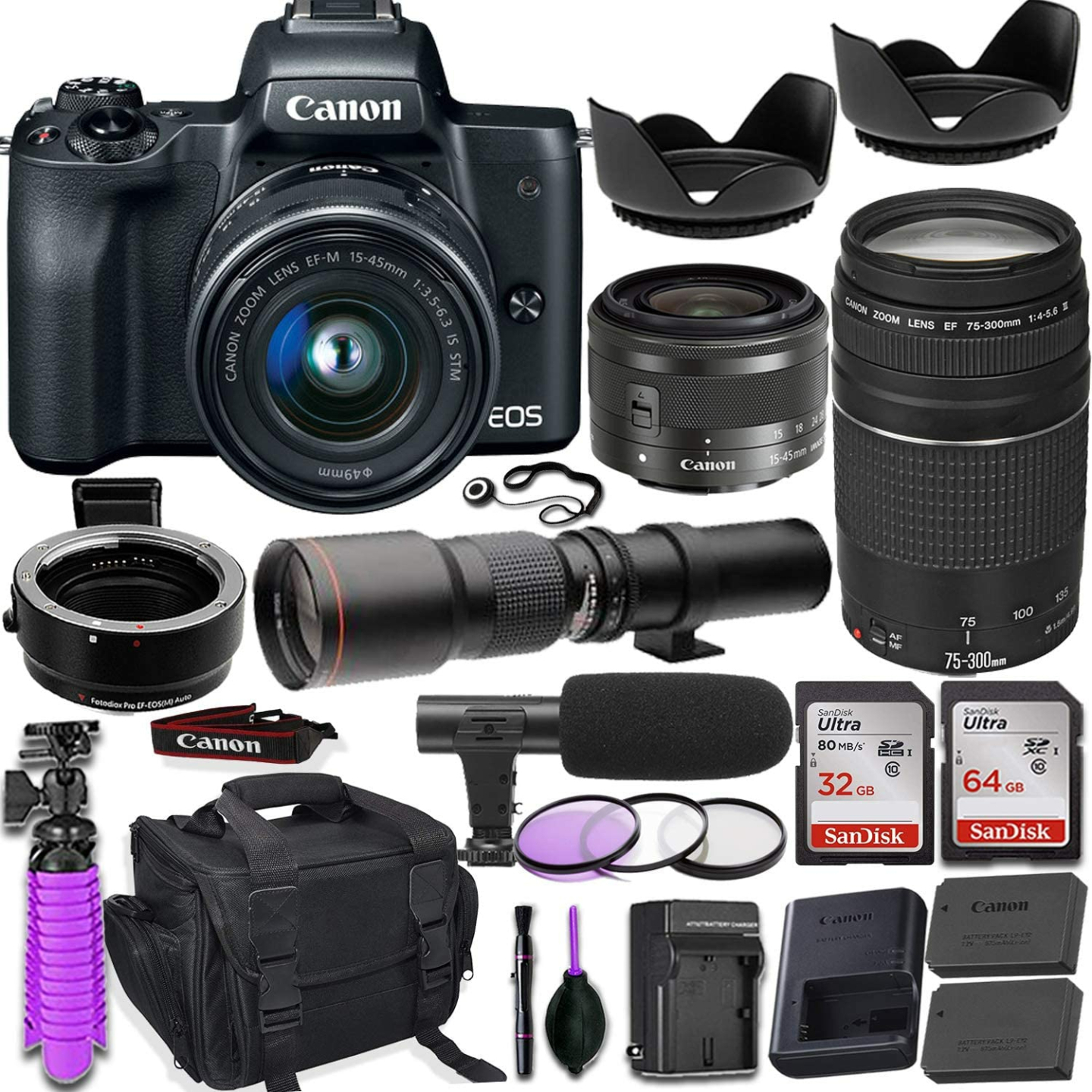Canon EOS M50 Camera with Lenses & Travel Bundle