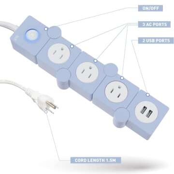 iJoy Flexible Power Strip - 3 AC Outlets and 2 USB Charging Ports with Blue Extension Cord, Power St...
